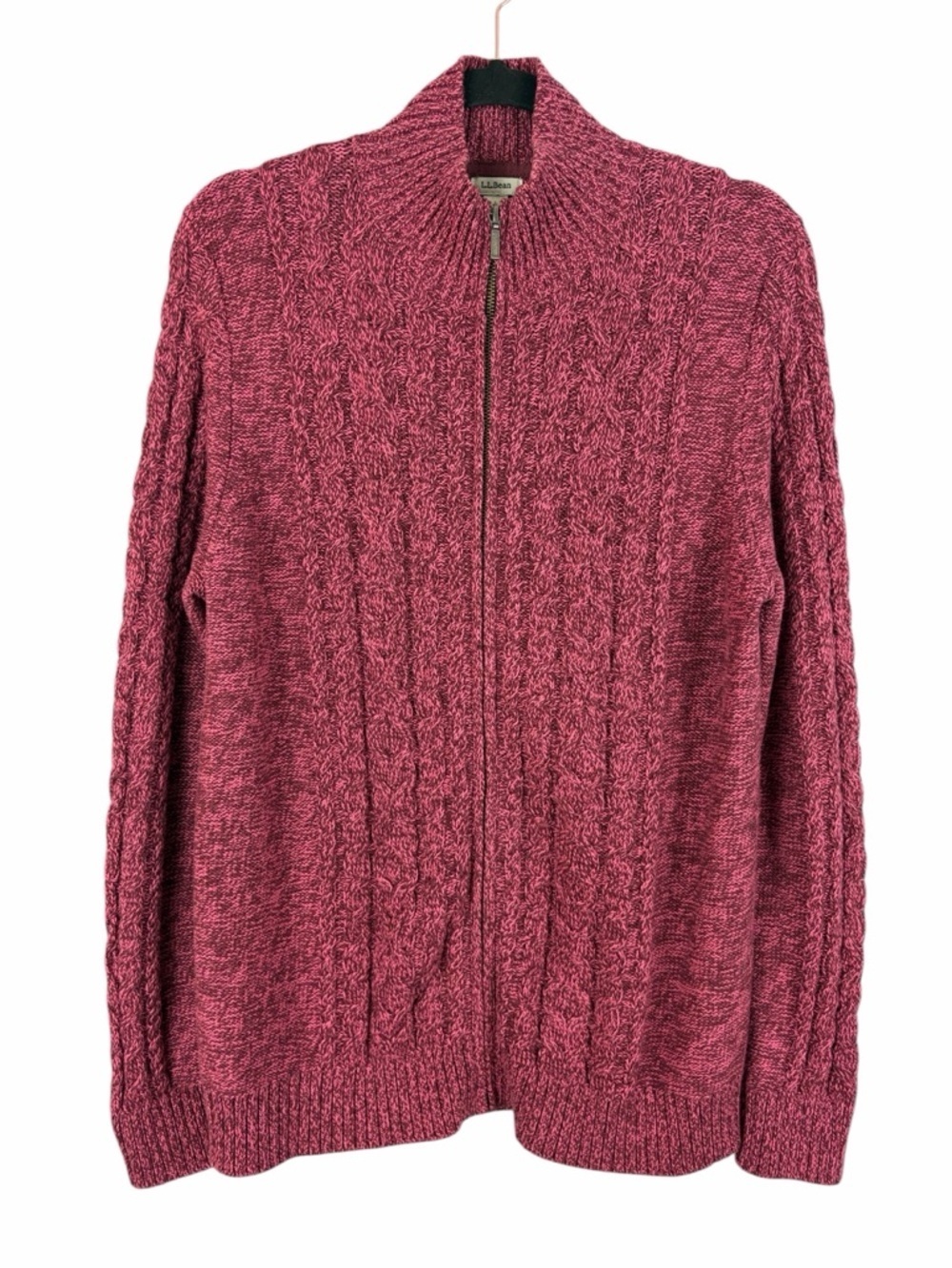 L.L.Bean Cable Knit Full Zip Sweater Large Pink Cotton Cardigan Casual Outdoor